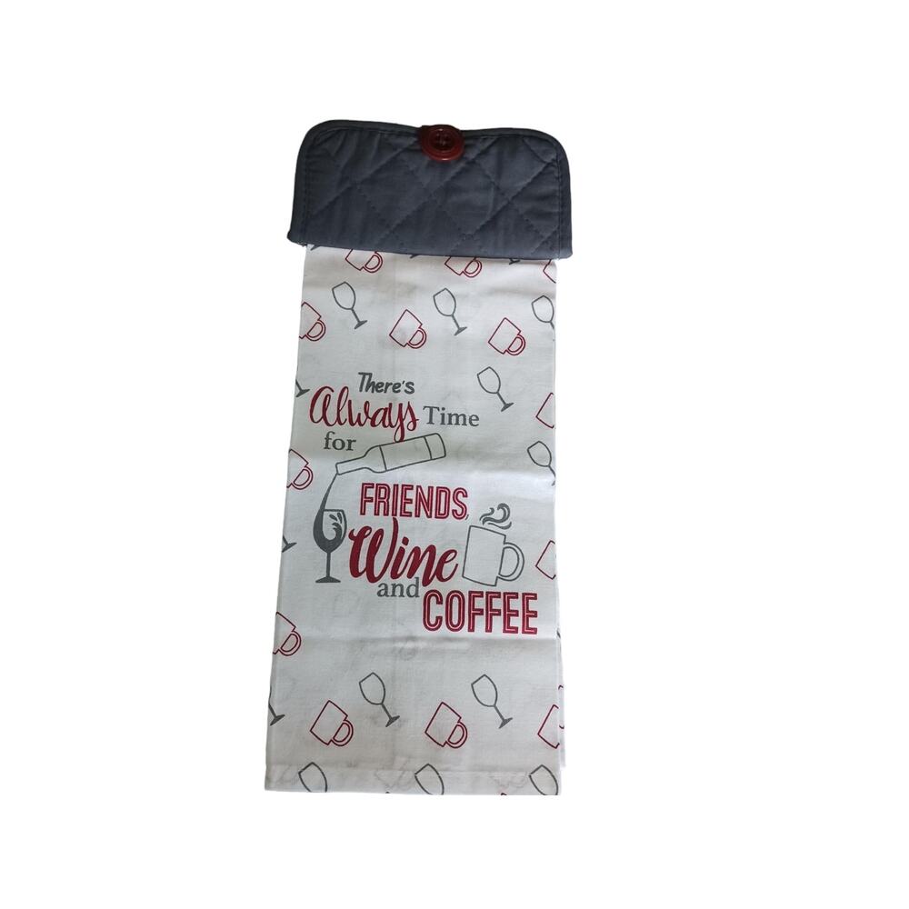 Handmade Wine & Friends Kitchen Towel Home Decor Hanging Friendship Gray Coffee